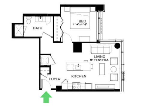 Floor plan for 1 bed, 1 bath, 689 sqft